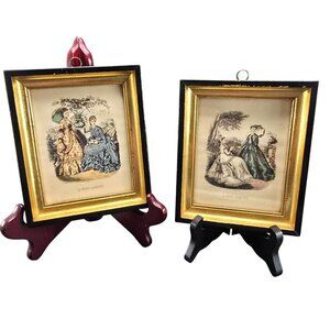 Pair Of Antique French Ladies Fashion Prints In Black Gold Gilt Frames  JJ3836